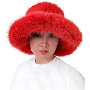 Oversized Winter Faux Fur Bucket Hat for Women Red